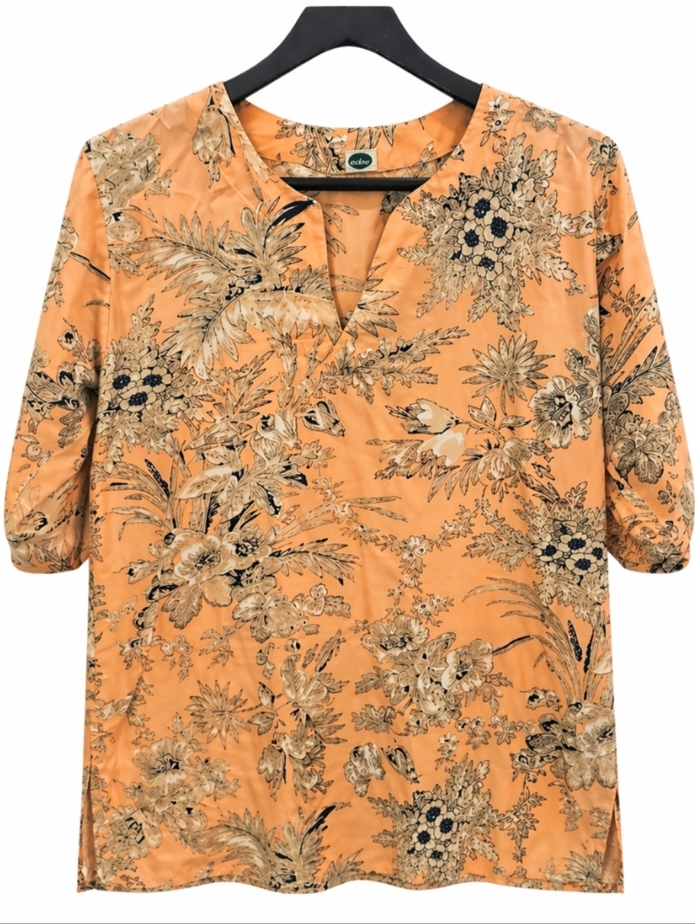 Dolma Peach Navy Floral Blouse Lightweight Boho Top Soft Flowy Size Large